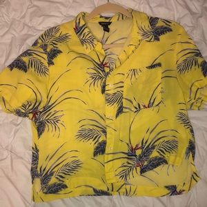 Yellow tropical button down crop tee
